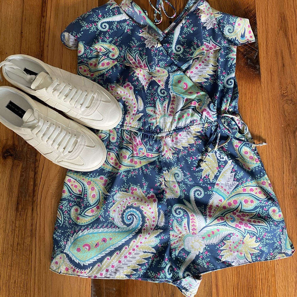 Blue Floral Paisley Ruffled Romper - Picture 1 of 8